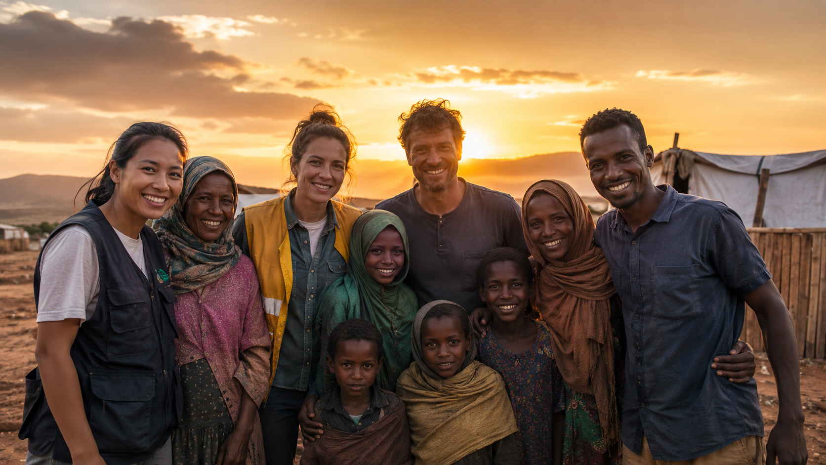 Community and volunteers standing together at sunset